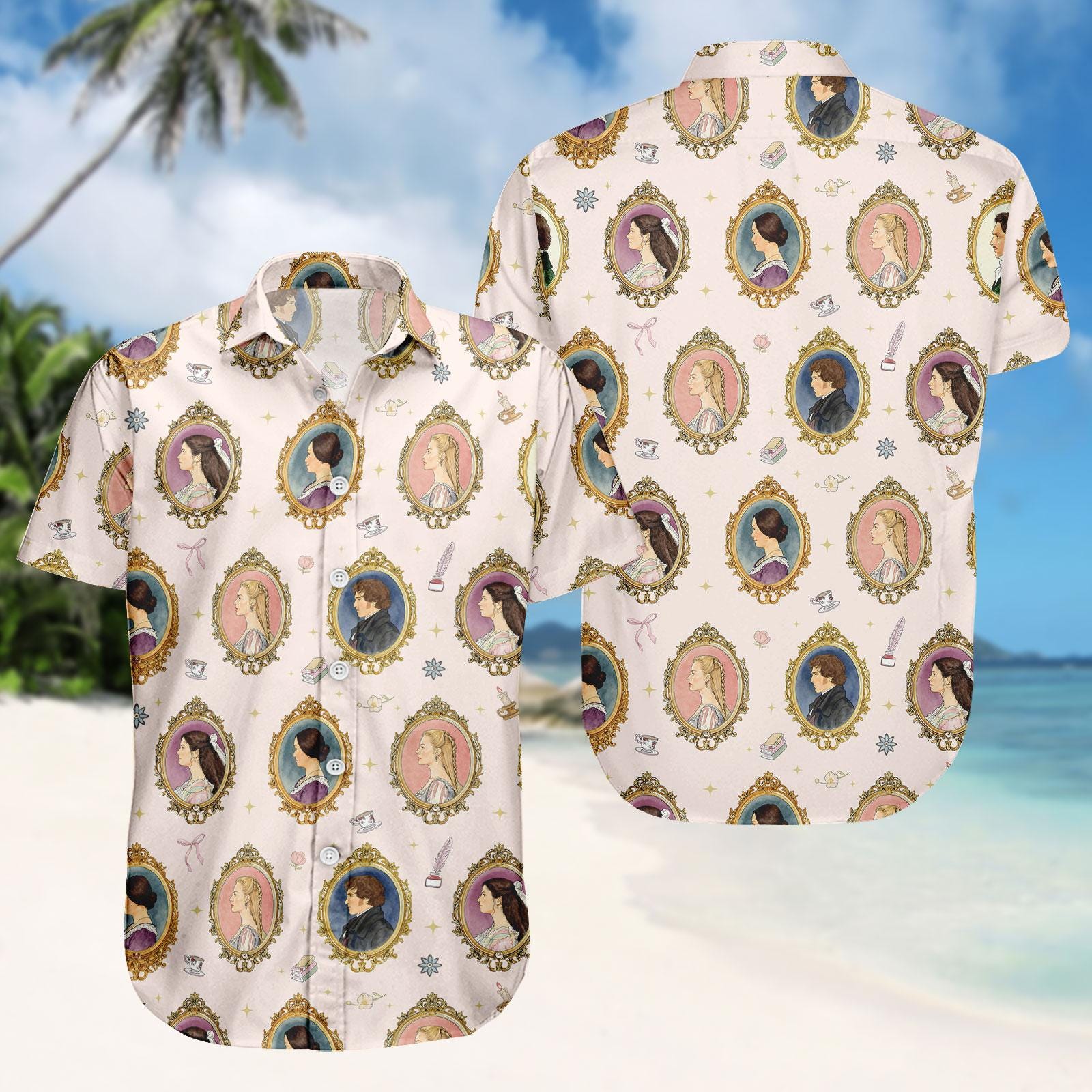 Discover Wuthering Heights Hawaiian Shirt, Heathcliff Catherine Hindley Edgar Isabella Portrait Shirt, Men Shorts, Romantic Novel Print Outfit