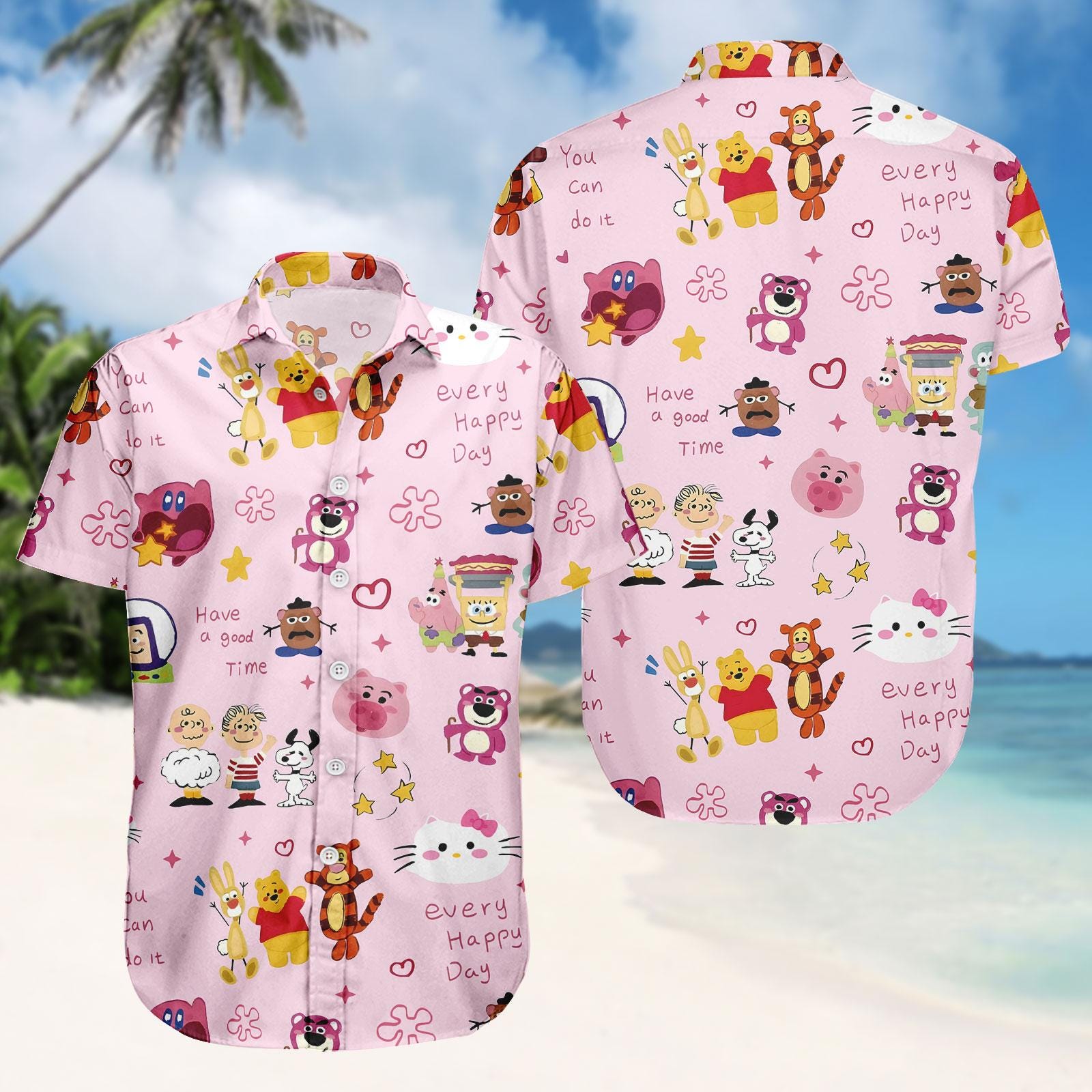 Discover Cartoon Characters Hawaiian Shirt, Fun Swim Shorts, Cute Button Shirt, Summer Outfit, Gift For Fans