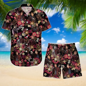 May include: A black and red Hawaiian shirt and matching shorts with a floral pattern and images of characters from Guardians of the Galaxy.