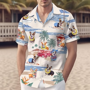 Corgi Hawaiian Shirt, Corgi Beach Vacation Shirt, Corgi Shirts For Men, Hawaiian Corgi Shirt, Vacation Travel, Corgi Shirt, Button Up Shirt