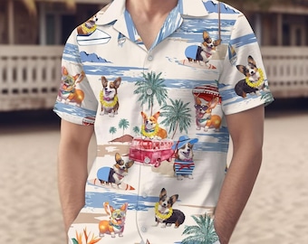 Corgi Hawaiian Shirt, Corgi Beach Vacation Shirt, Corgi Shirts For Men, Hawaiian Corgi Shirt, Vacation Travel, Corgi Shirt, Button Up Shirt