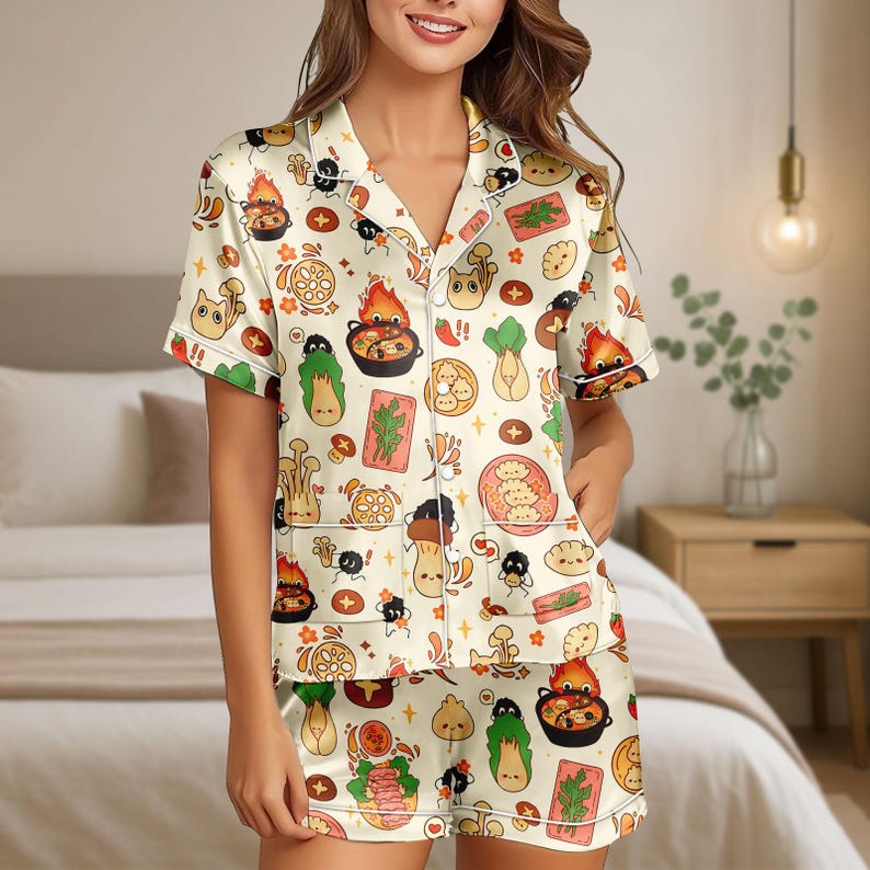 Ghibli Anime Short Satin Pjs Set, Cute Calcifer Satin Pajamas, Howl ...
