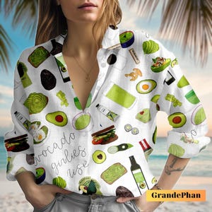 Green Avocado Pattern Blouse Shirt, Girly Button Blouse Top, Long Sleeve Women Shirt, Gift Idea