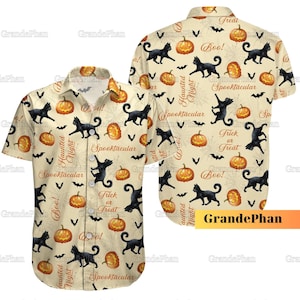 Halloween Black Cat Button Shirt, Cat Pumpkin Shirt, Spooky Cat Mom Shirt, Cat Hawaiian Shirt, Halloween Button Up Shirt, Cat Fall Shirt