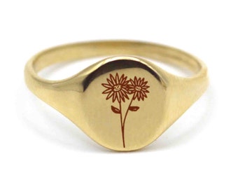 Daisy Flower Gold Ring / Birth Flower Signet Ring / 14k Solid Signet Ring / Flower Engraving Ring / Handmade Signet Rings / Designer