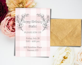 Rosa Vichykaro Mädchen Geburtstagseinladung, digitaler Canva Download, floral und feminin bearbeitbare Vorlage