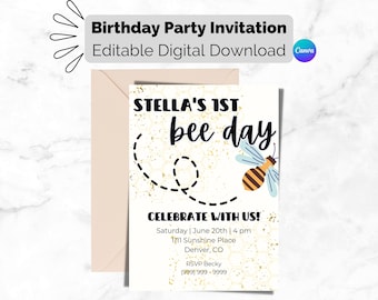 1st Bee Day、最初の誕生日パーティーの招待状、デジタルCanvaのダウンロード、編集可能なテンプレート