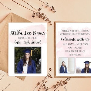Pink and Modern Graduation Invitation Printable, Class of 2023 Digital Canva Template, High School & College Grad Announcement