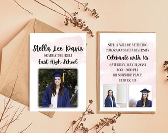 Pink and Modern Graduation Invitation Printable, Class of 2023 Digital Canva Template, High School & College Grad Announcement