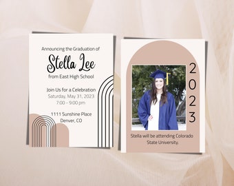 Boho Graduation Announcement, Digital Canva Download, Cute High School & College Grad Invitation, Class of 2023 Editable Canva Template