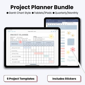 Op de afbeelding: Een digitale projectplannerbundel voor tablets en iPads. De bundel bevat zes projecttemplates en stickers. De planner heeft een Gantt-diagram-stijl en kwartaal/maandelijkse weergaven. De afbeelding toont een screenshot van een projectplanner met een kalender, een notitiesectie en een voortgangsbalk.