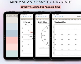 May include: A digital planner with three different pages: a monthly calendar, a daily planner, and a workout plan. The planner is designed to be minimal and easy to navigate. The text on the page reads "Build-as-you-go Planner", "Minimal and Easy to Navigate", and "Simplify Your Life, One Page at a Time".
