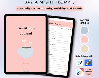 Peut inclure: Un téléchargement numérique d'un journal quotidien imprimable de 5 minutes avec des invites de jour et de nuit. Le journal est disponible en trois couleurs : bleu clair, rose et beige. Le journal est compatible avec les appareils iOS, Android et Windows.