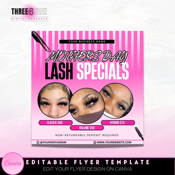 DIY Mother's Day Lash Specials| Flash Sale Lash Hair Beauty Mua Lash Tech Social Media Editable Flyer Canva Template| Mother's Day Deals