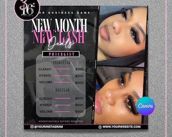May include: A promotional graphic for lash services. The design features a pink and black color scheme with the text "New Month New Lash Deals" and a price list. Two close-up photos of a person's face with long eyelashes are also included.
