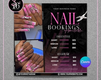Folleto de reserva de uñas DIY/Folleto de venta, Reservas de manicura abiertas, Lista de precios de uñas, Venta de uñas, Plantilla editable de Canva