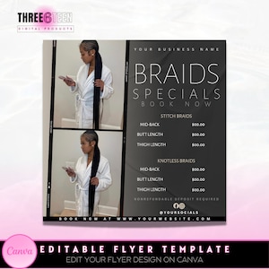 May include: A black and white flyer with a pink background. The flyer advertises braid specials for hair salons. The flyer includes a price list for stitch braids and knotless braids. The flyer includes the text "Braids Specials Book Now" and "@YourSocials".