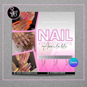May include: A digital marketing flyer for nail services featuring three photo inserts of long manicured nails with neon orange, gold, and floral designs. The text reads NAIL APPOINTMENTS Available and DEPOSIT REQUIRED, with placeholders for business name, website, and Instagram.