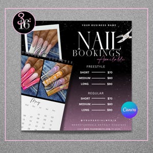 May include: A digital flyer for nail bookings featuring a black and purple gradient background with white text. It displays images of manicured nails with various designs, a May calendar, and a price list for freestyle and regular nail services.