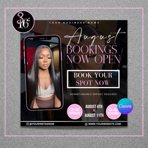 August Bookings Flyer: Lash, Nail, Hair Tech Canva Template (Digital Download)