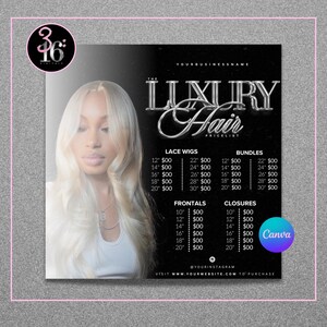 以下が含まれることがあります： 「The Luxury Hair」のプロモーション画像。長いブロンドの髪の女性が写っています。レースウィッグ、バンドル、フロント、クロージャーの価格表が含まれています。テキストには、会社名、Instagramハンドル、ウェブサイトが含まれています。