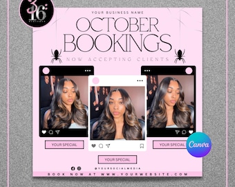 May include: A pink social media graphic advertising October bookings. The design features the text "October Bookings" and "Now Accepting Clients." It includes images of a person with long, wavy hair, and social media icons. The graphic also includes the business name and website.
