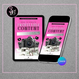 May include: A tablet and a smartphone displaying a digital graphic with a pink background, a black camera, and stacks of cash. The text reads: YOUR BUSINESS PRESENTS HOW TO CREATE PROFITABLE CONTENT, GET YOUR CLIENTELE AND GET OUT OF YOUR COMFORT ZONE.