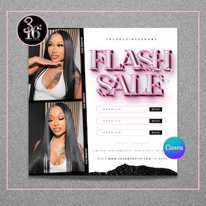 Puede incluir: Un folleto promocional rosa y blanco con el texto "FLASH SALE" en letras 3D. El folleto presenta imágenes de una persona y secciones para servicios y precios. El folleto también incluye el texto "LIMITED AVAILABILITY, SPOTS FILL UP" y una dirección web.