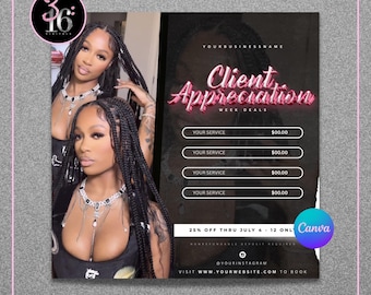 May include: A promotional graphic with two women and text that reads "Client Appreciation Week Deals." The graphic includes a pink and black color scheme, with a Canva logo and a website address.