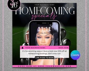 May include: Promotional graphic for homecoming specials. The image features a smartphone displaying a woman's face, with text overlay: "HOMECOMING specials." Additional text includes "Book a look now! 25% off..." and "LINK IN BIO TO BOOK."