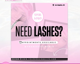 Puede incluir: Plantilla de folleto rosa y blanco para extensiones de pestañas. El folleto tiene una foto de un ojo de mujer con pestañas y un par de pinzas con extensiones de pestañas. El texto del folleto dice "¿Necesitas pestañas?" y "Citas disponibles".