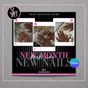 Puede incluir: Una plantilla de marketing para redes sociales con tres marcos cuadrados que muestran u&ntilde;as manicuradas con varios dise&ntilde;os. El fondo negro tiene rayas verticales y texto rosa que dice NEW MONTH NEW NAILS y BOOK NOW. Incluye iconos de redes sociales.