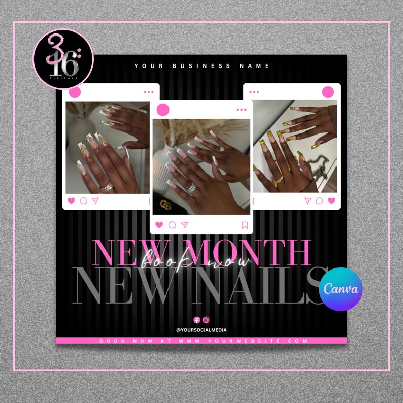 Puede incluir: Una plantilla de marketing para redes sociales con tres marcos cuadrados que muestran u&ntilde;as manicuradas con varios dise&ntilde;os. El fondo negro tiene rayas verticales y texto rosa que dice NEW MONTH NEW NAILS y BOOK NOW. Incluye iconos de redes sociales.
