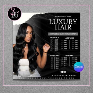 Folleto de lista de precios de extensiones de cabello DIY/ Plantilla editable de Canva para extensiones de cabello, pelucas de encaje, frontal y cierre