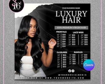 Folleto de lista de precios de extensiones de cabello DIY/ Plantilla editable de Canva para extensiones de cabello, pelucas de encaje, frontal y cierre