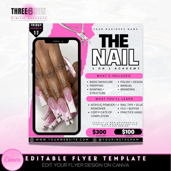 DIY Nail Class Flyer| Nail Course, 1 on 1 Nail Class, Nail Tutorial, Nail Tech Course Editable Canva Template