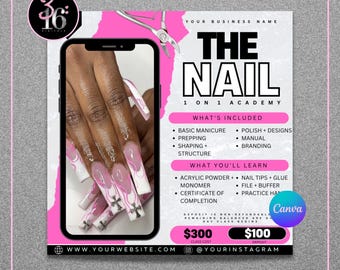 Puede incluir: Un folleto digital para The Nail 1 on 1 Academy con una pantalla de teléfono inteligente que muestra uñas largas de forma cuadrada con diseños de llamas rosas y dijes de cruz plateados, junto con detalles sobre el contenido del curso.