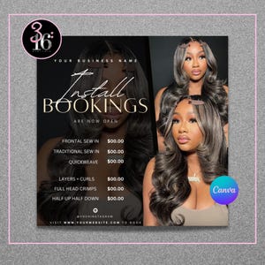 Folleto de instalación DIY/Folleto de peluquería, Citas disponibles, Reservas abiertas, Cabello, Tejido rápido, Coser, Peluca de encaje, Plantilla editable de Canva