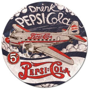 Drink Pepsi Cola DC3 Plane 14&quot; Round Heavy Duty USA Made Metal Advertising Sign