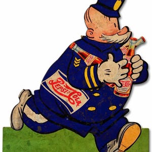 Pepsi Cola Keystone Cop Running 18&quot; Heavy Duty USA Metal Soda Pop General Store Advertising Sign