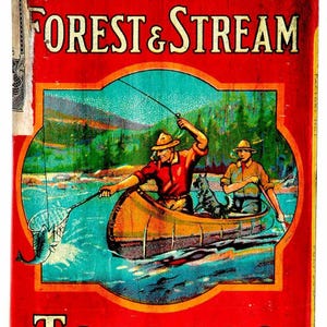 Letrero publicitario de metal resistente de 15" fabricado en EE. UU. con el mensaje "Hombres en canoa" de Forest & Stream Tobacco