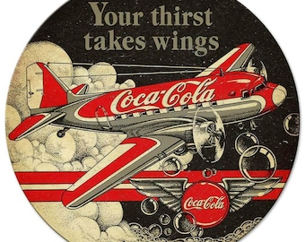 Coca Cola Red Dc3 Airplane 14&quot; Round Heavy Duty USA Made Metal Advertising Sign