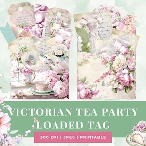 Victorian Tea Party Loaded Tags Kit | Ephemera | Vintage Printable Pockets, Tabs, Cards & Watercolor Tea Party Art  | Garden |  Mother&#39;s Day