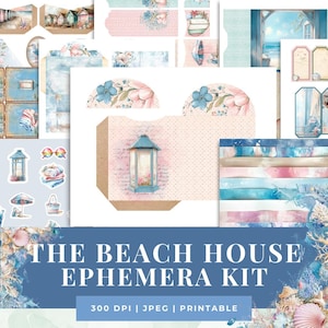 Kit éphémère maison de plage | Plus de 150 pièces | Couleurs pastel côtières délicates, enveloppes, pochettes, signets, mini folio, chemises de classement, étiquettes, onglets