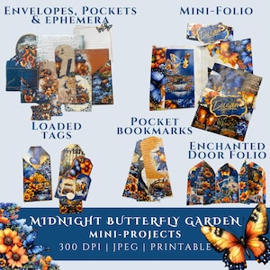 Midnight Butterfly Garden Mini Project Kit | Craft | Pocket Bookmarks, Mini Folio, Loaded Tag, Ephemera & Enchanted Door | Scrapbooking