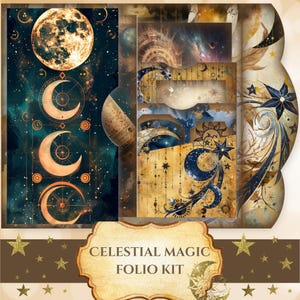Könnte beinhalten: Ein digitales Papier-Set mit einem himmlischen Thema. Das Set enthält eine Vielzahl von Bildern, darunter Monde, Sterne und Galaxien. Das Set ist perfekt für Scrapbooking, Kartenherstellung und andere Papierarbeiten. Der Text "Celestial Magic Folio Kit" wird auf einem Etikett im Vintage-Stil angezeigt.