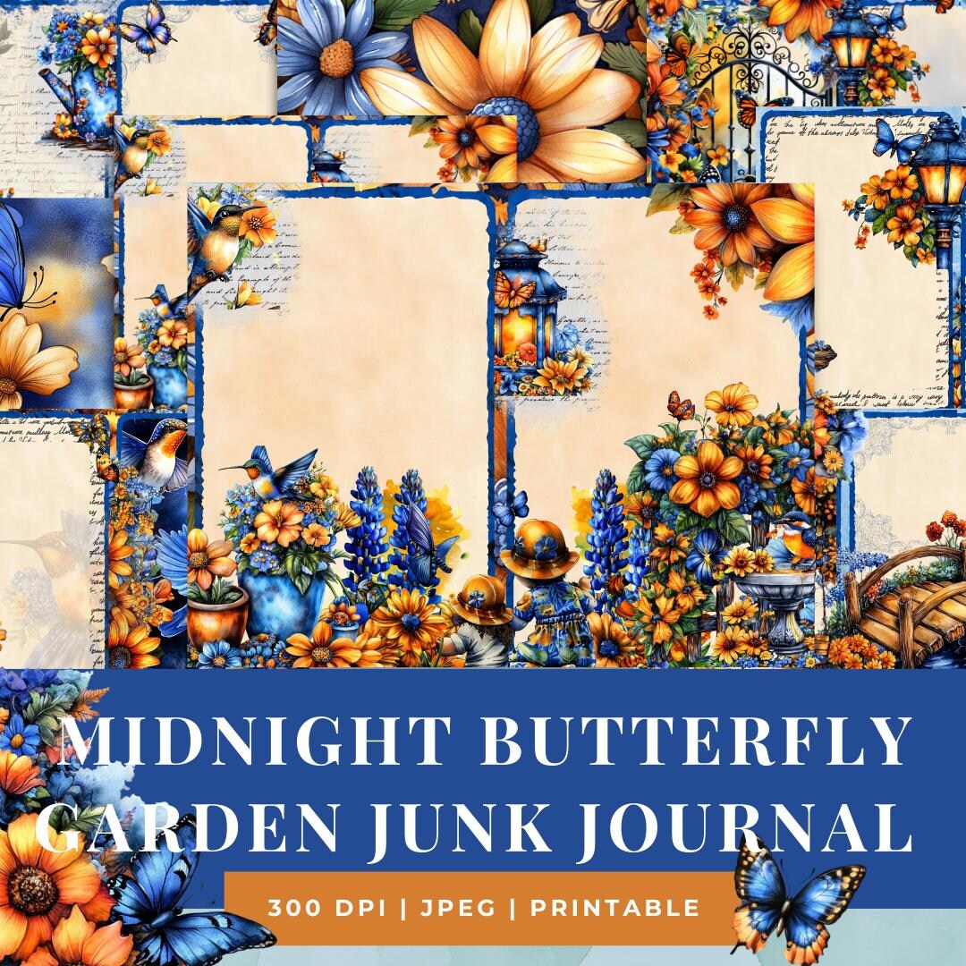 Midnight Butterfly Garden Junk Journal Kit | Printable Pages | Vibrant ...