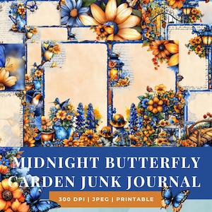 Kit de journal de bord pour le jardin des papillons de minuit | Pages imprimables | Orange vif, dessins bleus, papillons, lanternes, tropical | Album de coupures