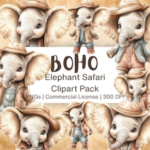 Pack de cliparts Boho Safari Elephant | Éléphants bohèmes mignons avec des tenues et des chapeaux | PNG haute résolution | Utilisation commerciale | Téléchargement numérique des animaux de la jungle