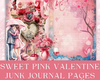 Sweet Pink Valentines Junk Journal Pages | 10 Printable Designs | Vibrant Love-Themed Scrapbook Kit | Pink Textured Background Pages